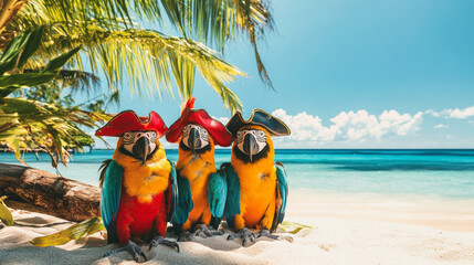 Colorful parrots in pirate costumes tropical beach wildlife photography sunny environment close-up view fun concept