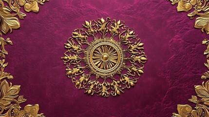 Luxurious Indian wedding invitation design with intricate gold and maroon patterns, featuring traditional motifs like peacocks, paisleys, and floral designs. 