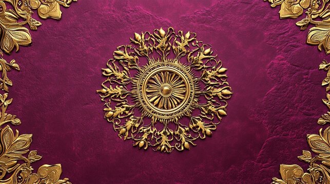 Luxurious Indian wedding invitation design with intricate gold and maroon patterns, featuring traditional motifs like peacocks, paisleys, and floral designs. 