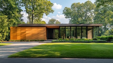 Modern house with wood siding, glass walls, and green lawn.