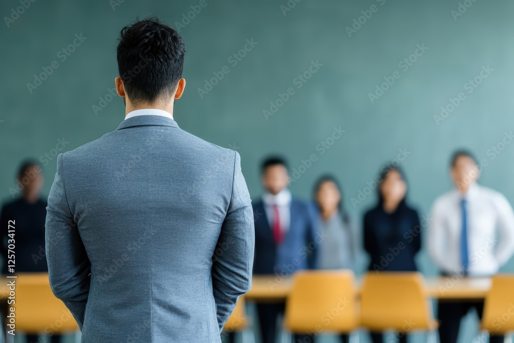 Poster Man in a suit standing confidently in front of a group of people during a business presentation