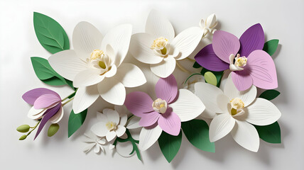 Fototapeta premium 3D paper orchids and leaves, vibrant bouquet, white background, floral design
