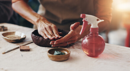 Hands, pottery and clay for design, bowl and process with tools, water or talent in workshop....