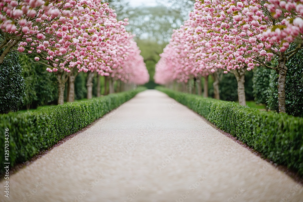 Poster Pink blossom path, garden, spring, serenity