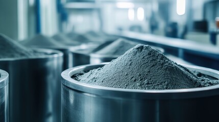 Tungsten powder is neatly stored in professional containers within a minimalist factory setting