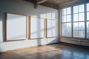 Empty Gallery Walls, Sunlight Illuminating a Modern Industrial Loft Space with Blank Display Frames