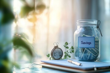 Savings Jar with Dollar Bills and Clock on Table in Natural Light