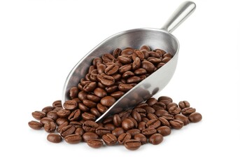 Fototapeta premium a metal scoop filled with roasted coffee beans.