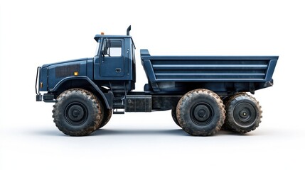 Side view of a dark blue dump truck