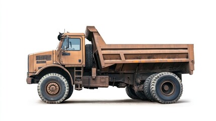 Rusty dump truck, side view, white background, construction