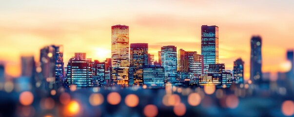 Obraz premium Vibrant City Skyline at Sunset with Blurred Lights