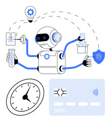 Robot performing diverse tasks thumbs up research, security, payment, and innovation. Ideal for AI, automation, technology, science finance security and innovation concepts. Abstract line flat