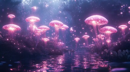 Fototapeta premium Glowing jellyfish illuminating a serene water scene.