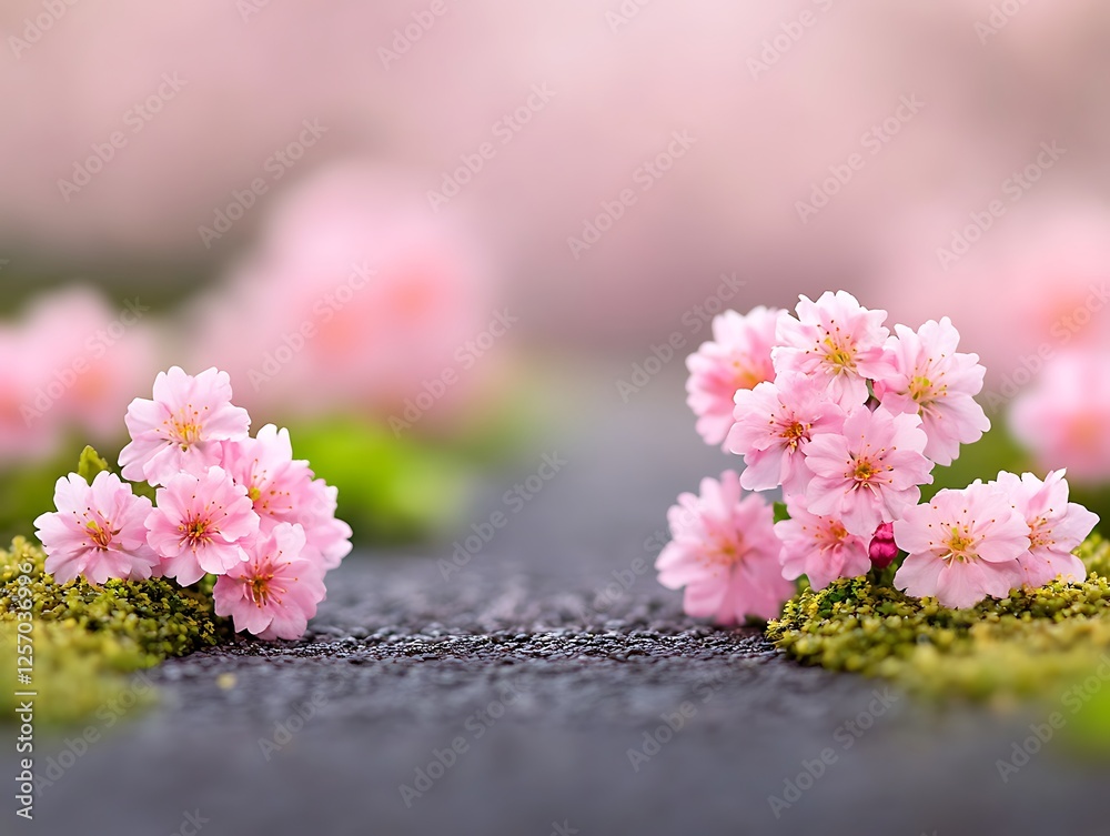 Poster Pink blossoms on path, spring garden, bokeh