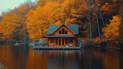 Fototapeta premium Autumn lake house, fall foliage, tranquil scene, waterfront property