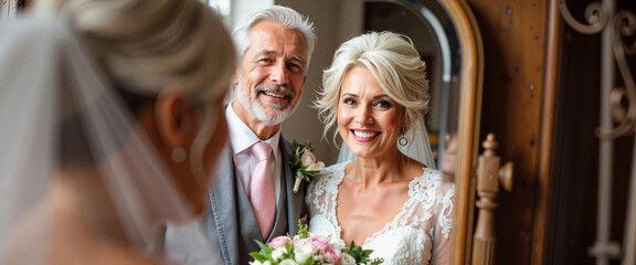 Reflective joy of elderly couple in vintage mirror, enduring love