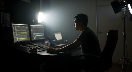 Audio engineer intensely focused on editing audio tracks in a professional studio