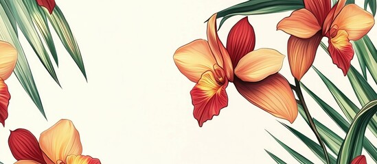 Fototapeta premium A Tropical Paradise of Vibrant Orchids and Lush Palm Leaves