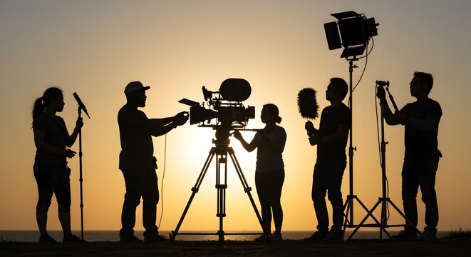 Film crew silhouetted against setting sun capturing coastal scene magic