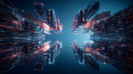 Fototapeta premium colorful neon-infused VR cityscape, towering futuristic spires, floating holograms, endless cyber patterns, electric hues, kaleidoscopic symmetry, shifting digital landscapes, hyper-surreal
