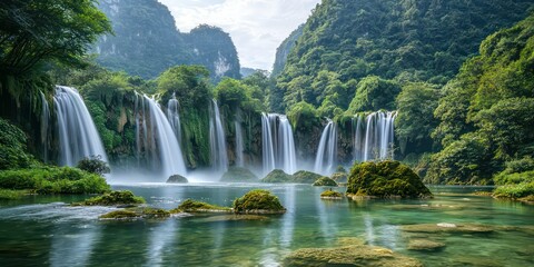 Fototapeta premium A lush valley with waterfalls cascading into crystal-clear pools.