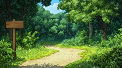 Obraz premium Serene Pathway Through Lush Green Forest with Directional Signboard