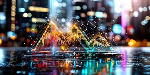 futuristic cityscape at night with glowing, abstract mountain shaped hologram reflecting on wet surface, surrounded by blurred lights