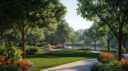 Serene park with lush greenery, pathway, and water view.