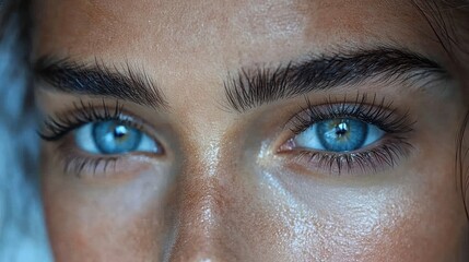 Fototapeta premium Close-up portrait of a person with striking blue eyes, showcasing detailed facial features and skin texture