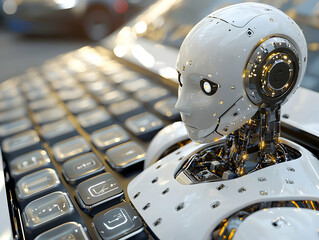 Fototapeta premium Robot AI works on keyboard; city blur