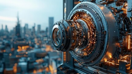 Fototapeta premium futuristic metallic structure with intricate gears and lights is set against blurred cityscape, showcasing advanced technology and engineering