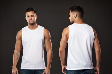 man wearing a white sleeveless t-shirt tank top mockup front and back used as a design template