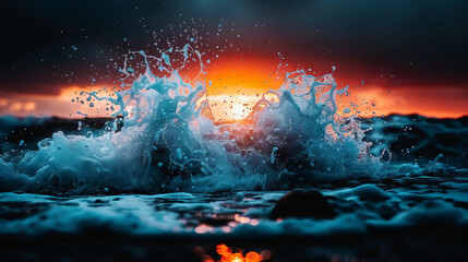 Ocean Sunset Splash: Dramatic ocean waves explode into a vibrant splash, backlit by a fiery sunset.  The scene is filled with energy and raw power, capturing the dynamic beauty of nature.