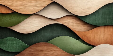 geometric abstract design featuring layered, wavy patterns in sage green, beige, and brown tones, creating botanical and Nordic inspired aesthetic