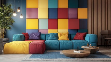 A modern living room with an accent wall of deep-colored acrylic-painted tiles.
