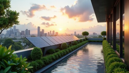 Fototapeta premium Urban rooftop garden with water features, lush greenery, and city skyline at sunset 