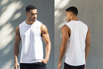 man wearing a white sleeveless t-shirt tank top mockup front and back used as a design template
