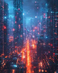 Obraz premium Futuristic cityscape with glowing skyscrapers.