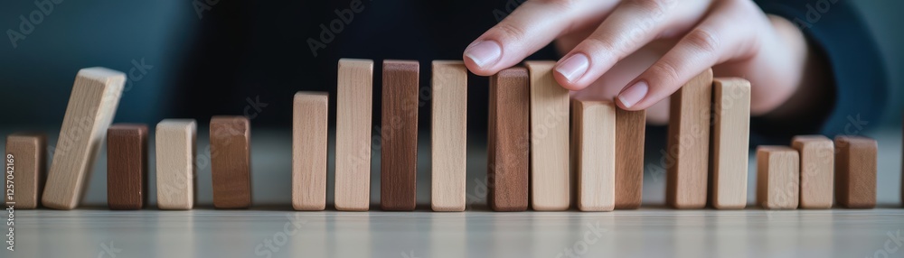 Poster person stacking wooden blocks on a table in a creative play or educational setting