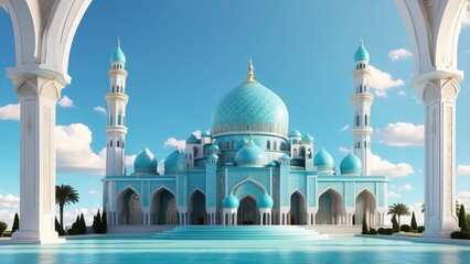 Naklejka premium A stylized, 3D-rendered mosque featuring multiple domes and minarets, set against a solid light teal background.