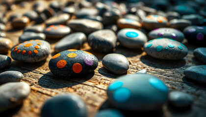Painted pebbles arranged on weathered wood offer a playful texture