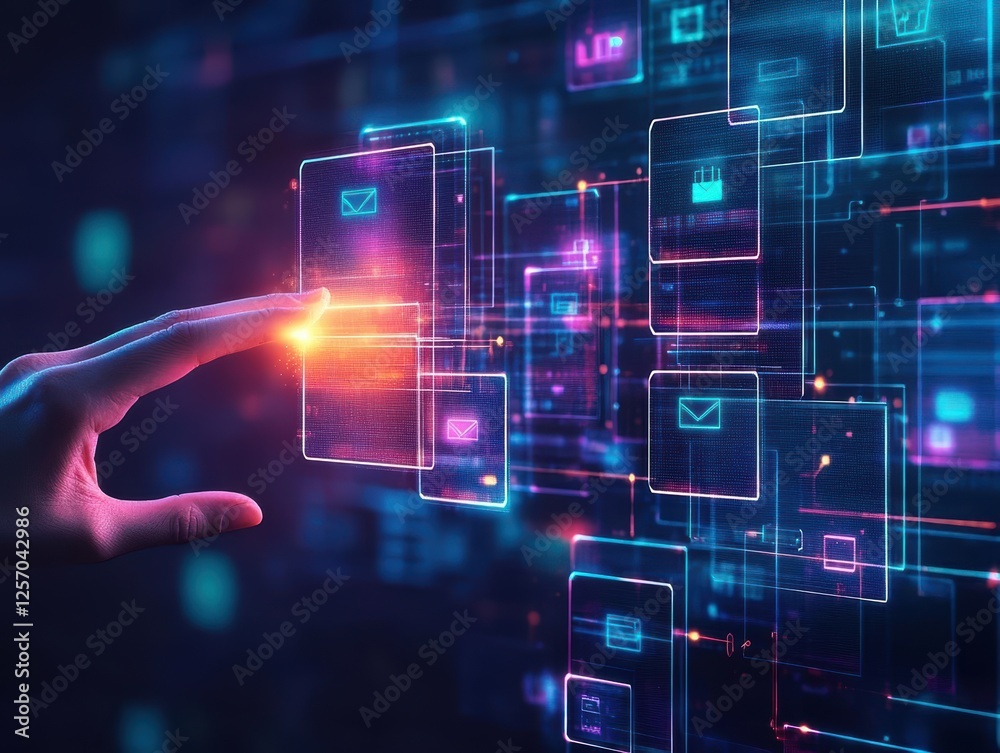 Poster Hand interacting with a digital touch interface on a futuristic screen display