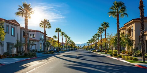 Obraz premium A sunlit street lined with palm trees and a clear blue sky in a California town.