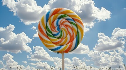 Colorful oversized lollipop against a bright blue sky with fluffy clouds in a grassy field