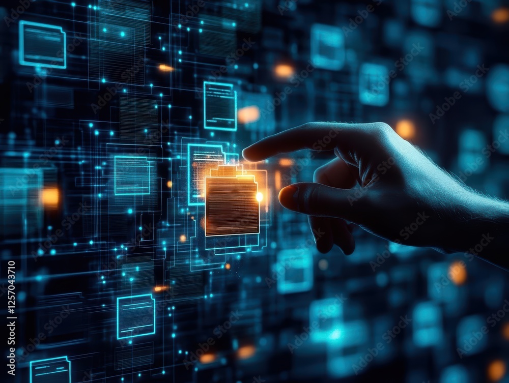 Fototapete Hand touching a block on a digital user interface displaying modern technology interaction