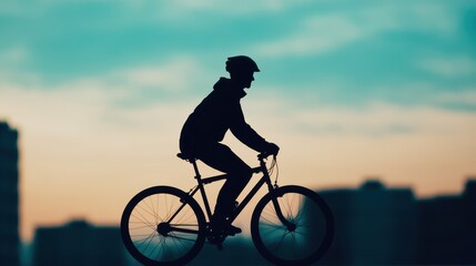 Fototapeta premium Silhouette of a cyclist riding a bike at sunset against a vibrant sky, capturing a moment of freedom and adventure.