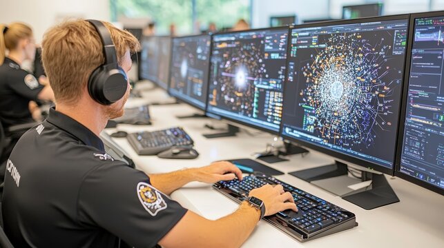 person wearing headphones works at computer in secure government facility, analyzing complex data visualizations on multiple monitors