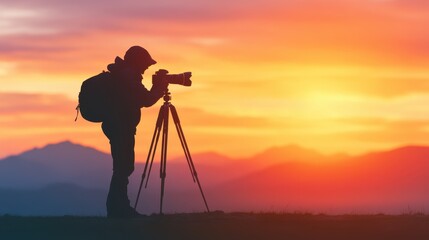 Silhouette of a photographer capturing a sunset landscape, showcasing passion and creativity in nature's beauty.