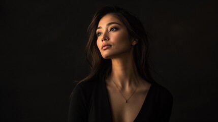 Asian woman in dramatic low-key portrait. Perfect for artistic expression, beauty industry campaigns, or modern fashion editorials.