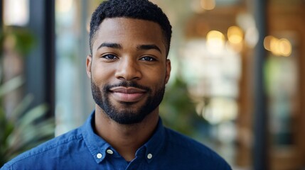 Fototapeta premium Friendly African American professional in business casual setting. Perfect for workplace diversity, corporate culture, or modern office environment representation.